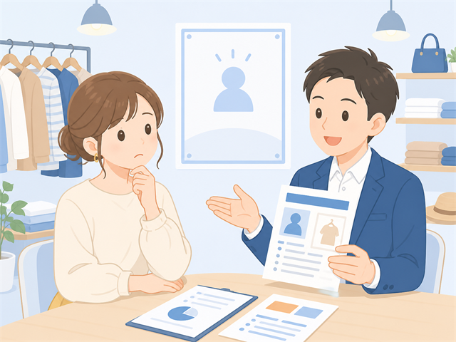 ブランド好きの早期離職に悩み求人広告代理店に相談するアパレルショップ店長のイラスト