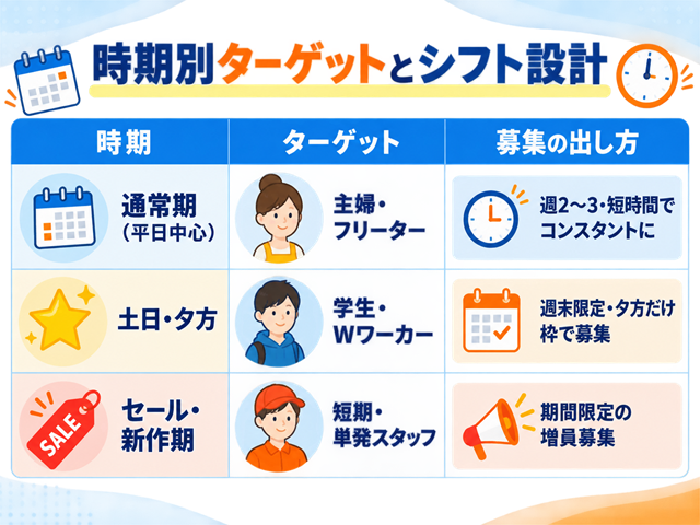 アパレル販売の時期別ターゲットとシフト設計をまとめた早見表の図解