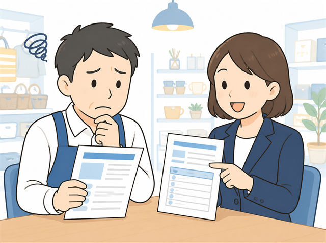 時給を上げてもアルバイトが集まらず求人広告代理店に相談する小売店の店長のイラスト