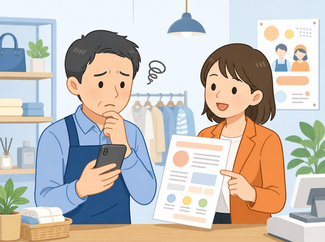 キャッチコピーの見直しについて求人広告代理店に相談する小売店店長のイラスト