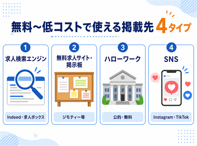 アルバイト募集に使える無料〜低コストの掲載先を4タイプに整理した図解