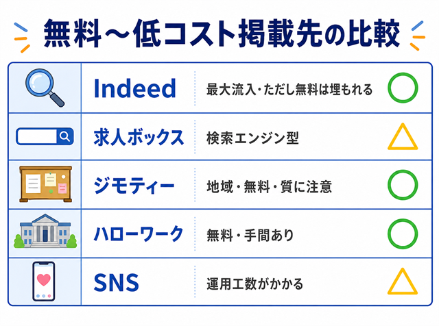 Indeed・求人ボックス・ジモティー・ハローワーク・SNSなど無料〜低コスト掲載先を比較した図解