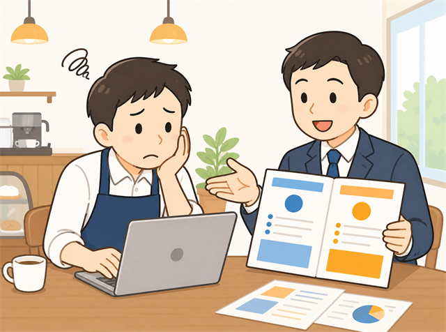 無料掲載にこだわり応募が来ず求人広告代理店に相談する飲食店店長のイラスト