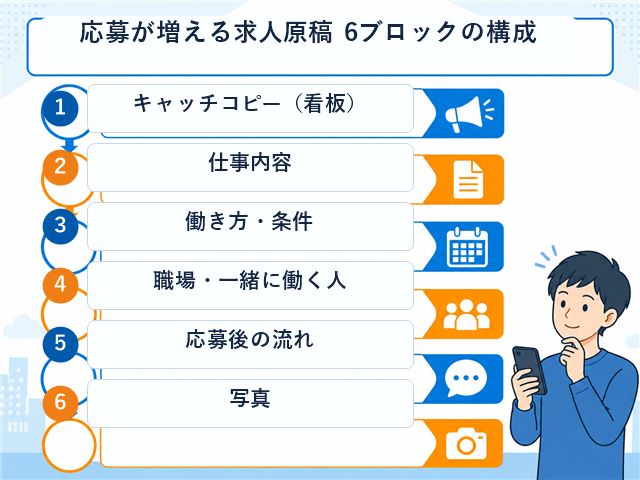 応募が増える求人原稿の構成6ブロックを示した図解