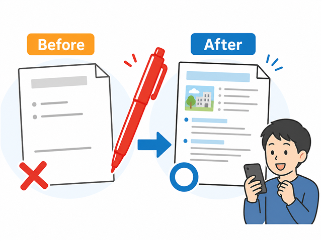 求人原稿を書き換える前と後を比較したビフォーアフターのイラスト