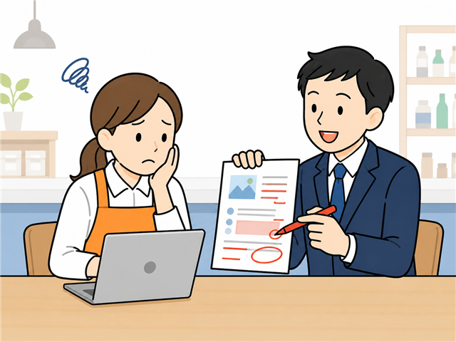 求人原稿の書き方を求人広告代理店に相談する小売店の店長のイラスト