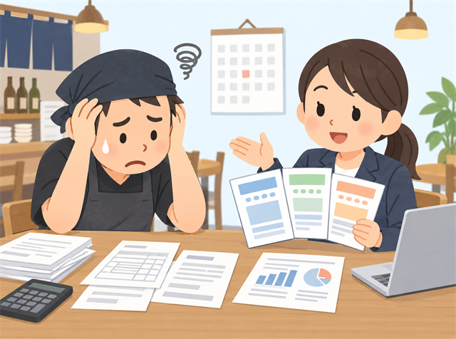 掲載期間が短い媒体で求人を何度も出し直して疲弊し代理店に相談する飲食店店長のイラスト
