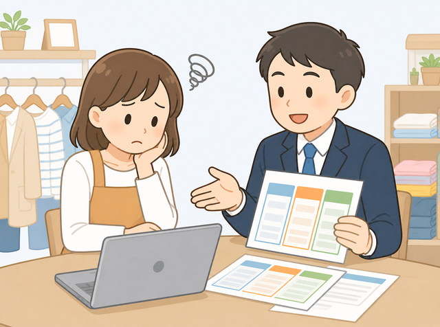 一番安いプランで求人広告を出し応募が来ず代理店に相談する小売店店長のイラスト