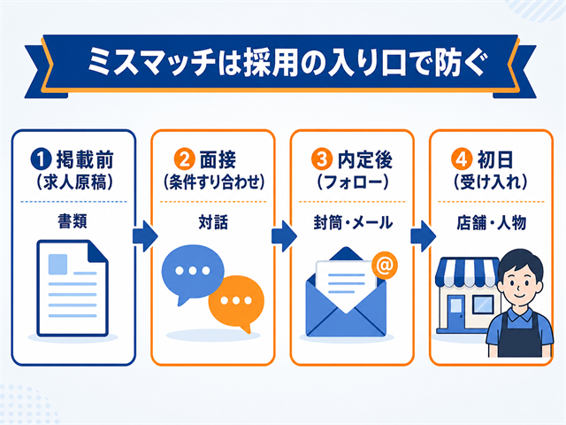 アルバイトの採用ミスマッチを防ぐ4つのフェーズ（掲載前・面接・内定後・初日）を時系列で示した図解