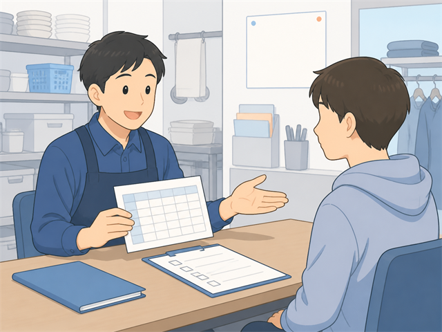 面接でシフト表を見せながらアルバイト志望者と勤務条件をすり合わせる採用担当者のイラスト