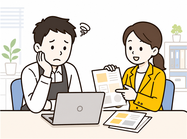アルバイト求人に応募が来ず求人広告代理店に相談する小売店の店長のイラスト