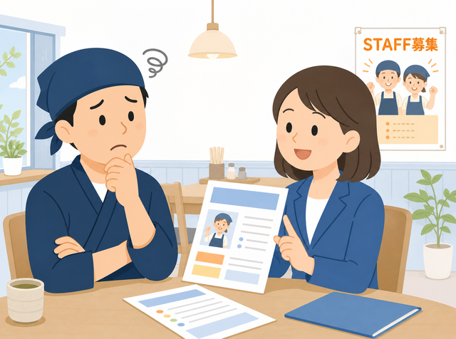 無料の採用方法だけで採用が長引き求人広告代理店に相談する飲食店オーナーのイラスト