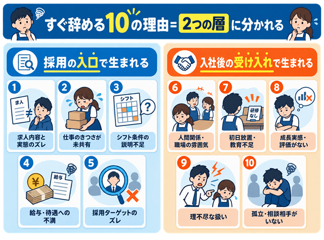 アルバイトがすぐ辞める10の理由を採用の入口と入社後の受け入れの2層に整理した図解