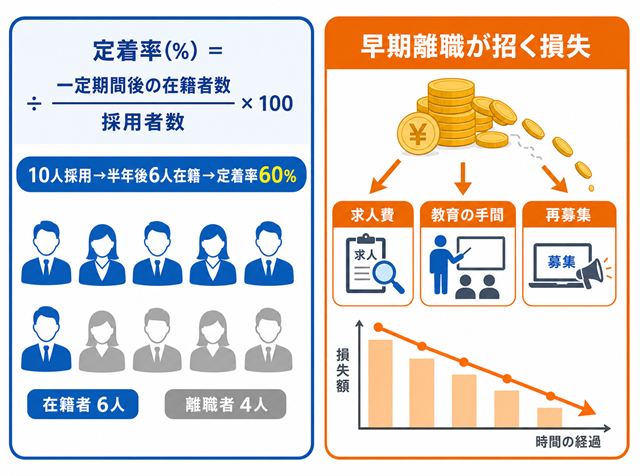 アルバイトの定着率の計算式と早期離職が招くコストを示した図解