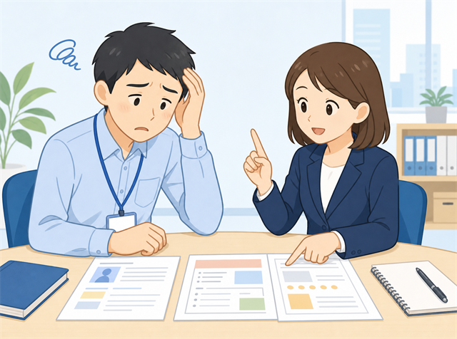 採用してもアルバイトがすぐ辞めると求人広告代理店に相談する小売店のエリアマネージャーのイラスト