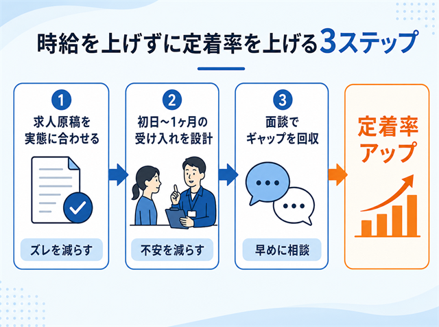 時給を上げずにアルバイトの定着率を上げる3つの方法を示したフロー図解