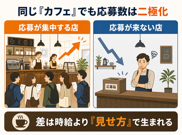 カフェのアルバイト求人が応募の集中する店と集まらない店に二極化している構造を示した図解