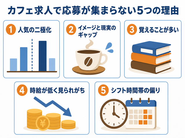 カフェ求人で応募が集まらない5つの理由（人気の二極化・イメージと現実のギャップ・覚えることの多さ・時給・シフト時間帯の偏り）の図解