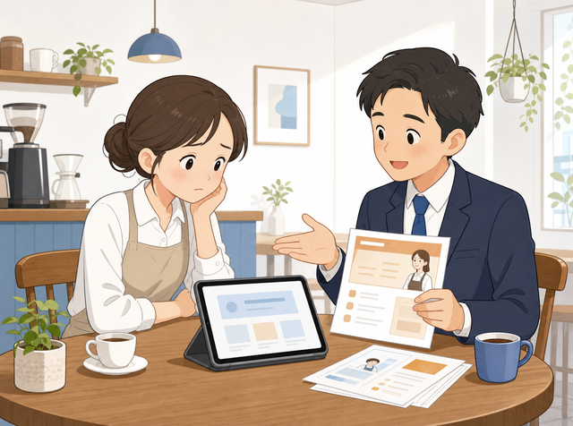 応募が来ないカフェの求人について求人広告代理店に相談する個人カフェ店長のイラスト