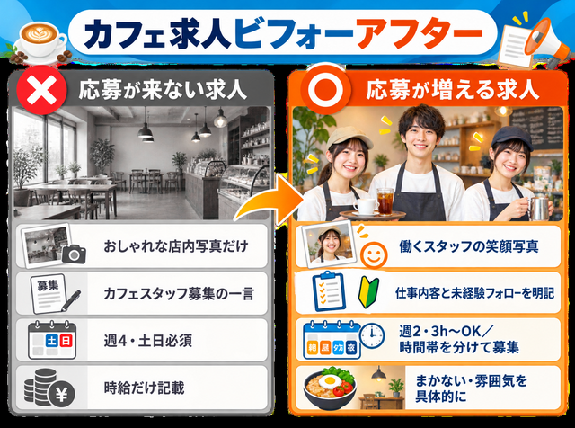 カフェ求人のビフォーアフター比較（おしゃれ写真だけの求人と仕事内容・未経験フォローを明記した求人）の図解