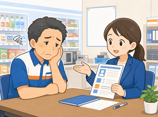 深夜シフトが埋まらず求人広告代理店に相談するコンビニオーナーのイラスト
