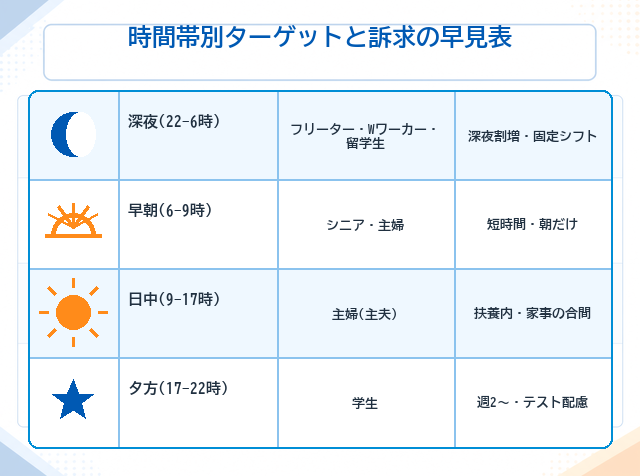 コンビニの時間帯別ターゲットと求人訴求をまとめた早見表の図解