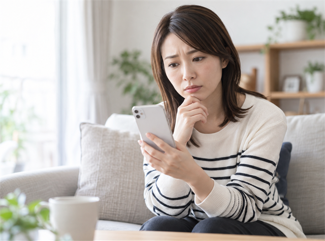 歯科助手の求人に応募しようか迷って不安そうにスマートフォンを見る未経験の求職者