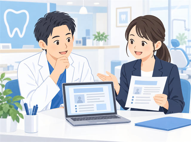 未経験の歯科助手求人の原稿の書き方を求人広告代理店に相談する歯科医院の院長のイラスト