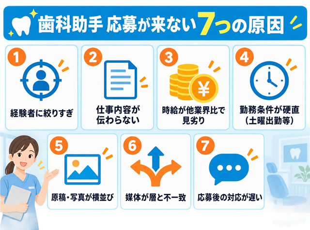 歯科助手の求人に応募が来ない7つの原因の全体像を示した図解