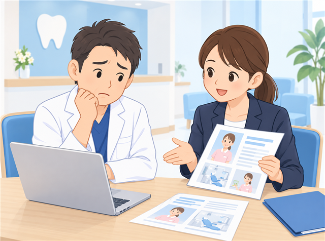 歯科助手の応募が来ず求人広告代理店に相談する歯科医院の院長のイラスト