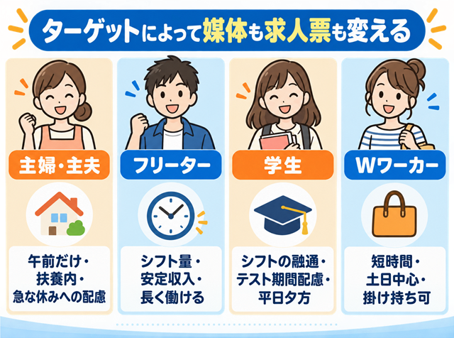 歯科助手の採用ターゲット別（主婦・フリーター・学生・Wワーカー）の重視条件を示した図解