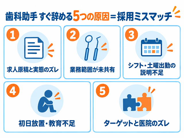 歯科助手がすぐ辞める5つの原因を採用時のミスマッチとして整理した図解