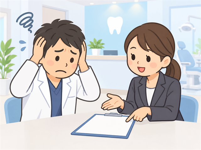 歯科助手がすぐ辞めると求人広告代理店に相談する歯科医院の院長のイラスト