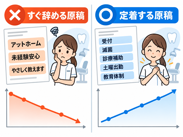応募集め重視の歯科助手求人原稿と定着重視の求人原稿を比較したビフォーアフターの図解