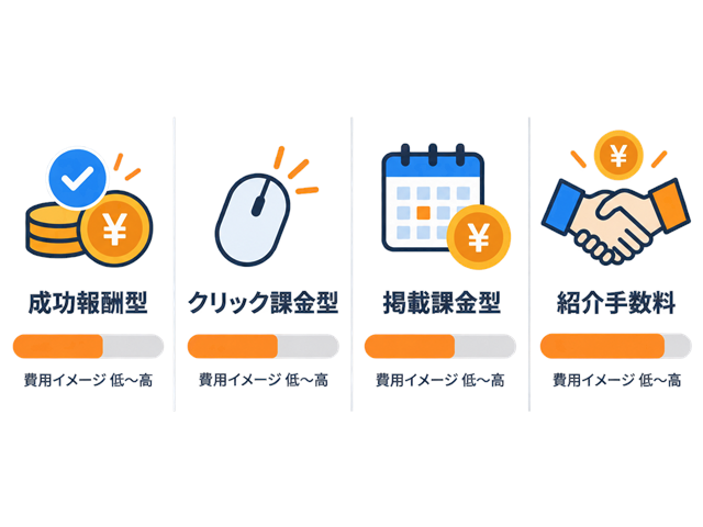 歯科求人媒体の費用体系(成功報酬型・クリック課金・掲載課金・紹介手数料)を比較した図解