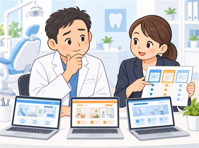 どの求人媒体に出すか迷い求人広告代理店に相談する歯科医院の院長のイラスト