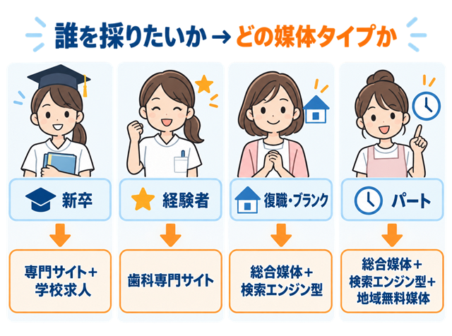 歯科衛生士の採用ターゲット別（新卒・経験者・復職・パート）に適した求人媒体タイプを逆引きした図解