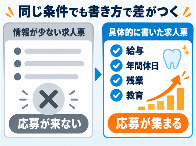 歯科衛生士の求人票の書き方によって応募数が変わることを示した左右比較の図解