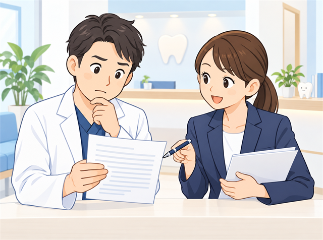 歯科衛生士の求人票の書き方を求人広告代理店に相談する歯科医院の院長のイラスト