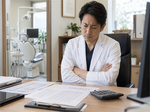 月給を上げるべきか求人票と電卓を前に悩む歯科医院の院長
