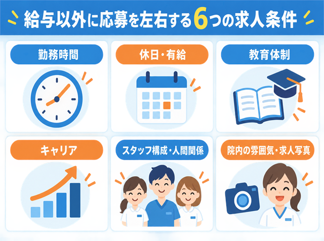 給与以外に歯科衛生士の応募を左右する6つの求人条件（勤務時間・休日・教育体制・キャリア・スタッフ構成・院内の雰囲気）の図解