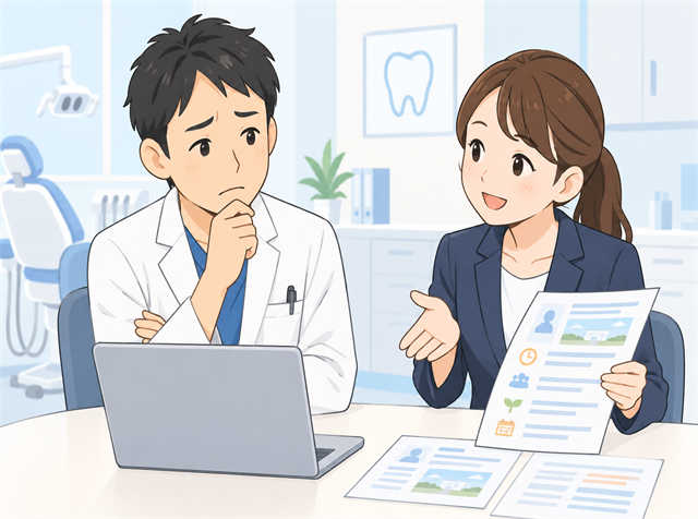 月給を上げるべきか悩み求人広告代理店に相談する歯科医院の院長のイラスト