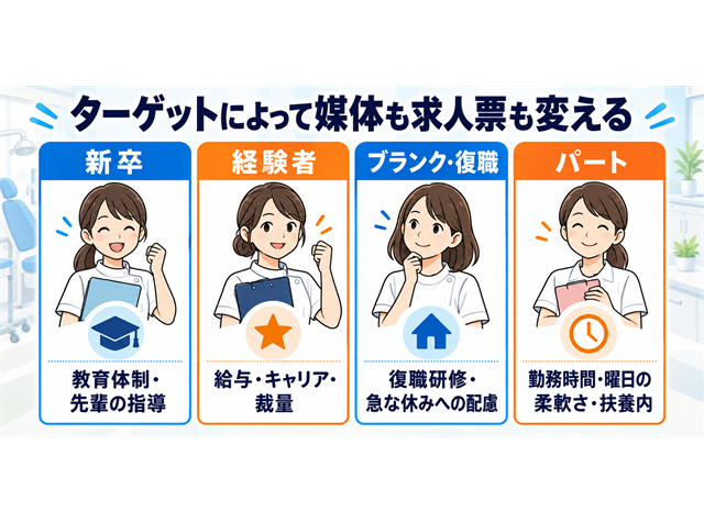 歯科衛生士の採用ターゲット別（新卒・経験者・復職・パート）の重視条件を示した図解