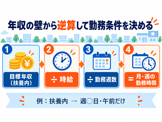 扶養内の目標年収から時給・勤務週数を逆算して勤務時間を決める流れを示した図解