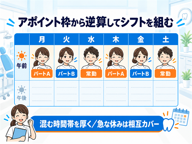 午前パート2名と常勤を曜日ごとに配置し、混む午前帯の診療枠を埋める週間シフトの図解