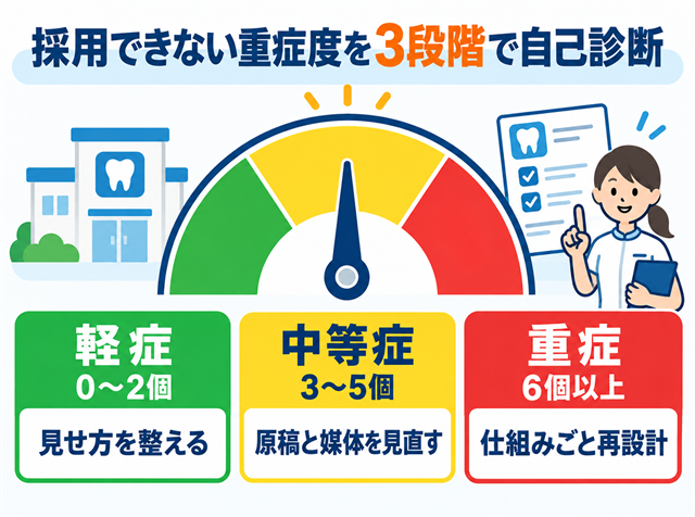 歯科衛生士が採用できない重症度を軽症・中等症・重症の3段階で示したメーター図解