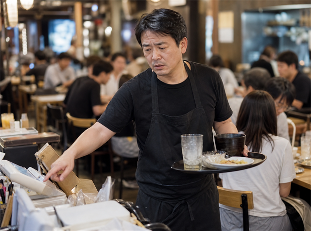 週末の混雑した店内で人手が足りず一人で対応に追われる飲食店の店長