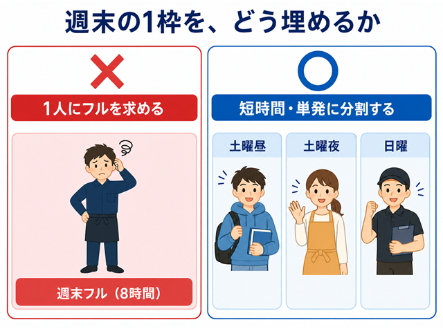 週末の1枠を1人のフル勤務で埋める場合と短時間・単発で複数人に分割する場合を比較した図解