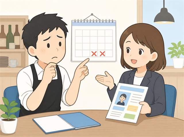 土日だけ人手が足りないと求人広告代理店に相談する居酒屋の店長のイラスト