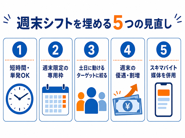 週末シフトを埋めるための5つの求人条件の見直し（短時間・単発OK、週末限定枠、ターゲット、優遇、スキマバイト併用）の図解